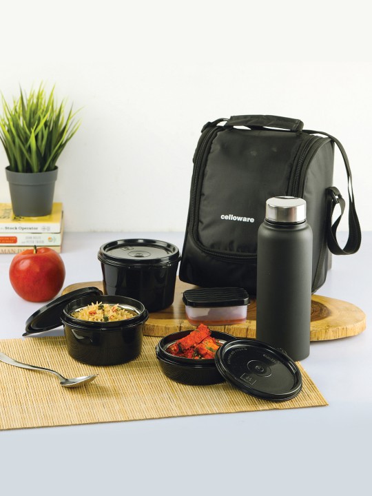 Cello Black Max Fresh Set of 5 All in One Stainless Steel Lunch Box with Jacket