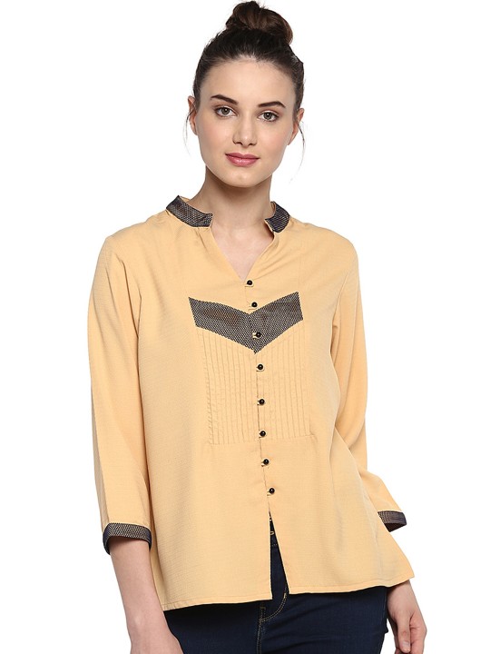 Women Beige Solid Shirt Style Top S