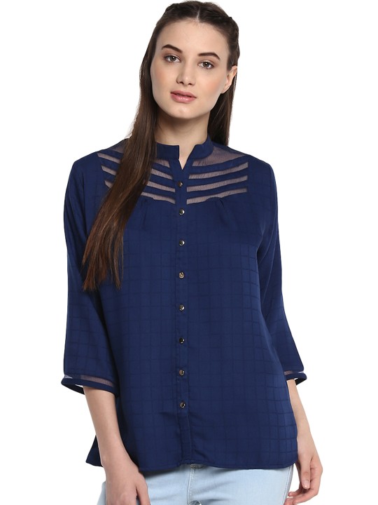 Women Navy Blue Checked Shirt Style Top S