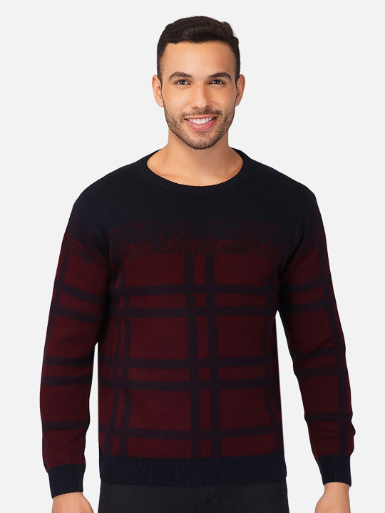 JoE Hazel Men Navy Blue & Red Checked Checked Pullover