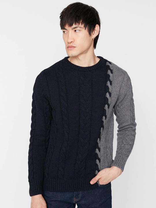 Trendyol Men Navy Blue Cable Knit Round Neck Pullover Sweater