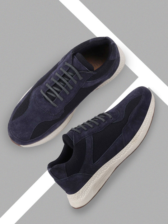 FAUSTO Men Navy Blue Colourblocked Suede Sneakers