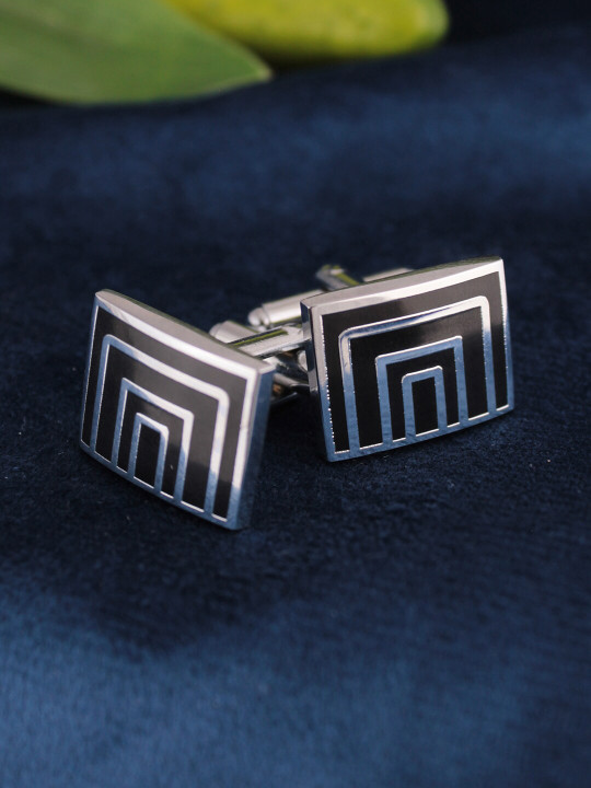 Kavove Men Silver-Toned & Black Square Shape Cufflink