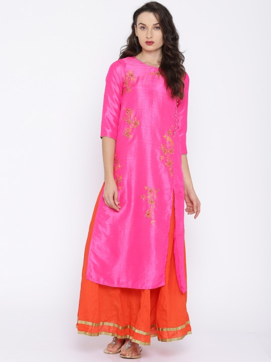 Women Pink & Orange Embroidered Kurta with Skirt XS