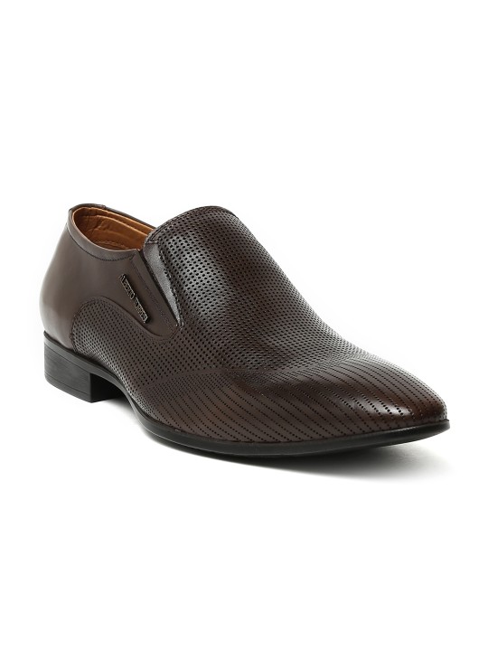 Men Brown Pointy-Toed Perforated Leather Slip-Ons 6
