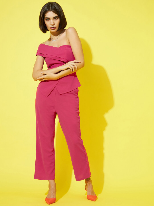 Athena Women Fuchsia Solid One Shoulder Top and Trousers
