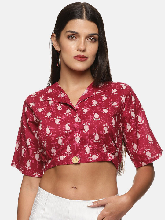 DIVINATION Women Pink & White Floral Print Pure Cotton Crop Top