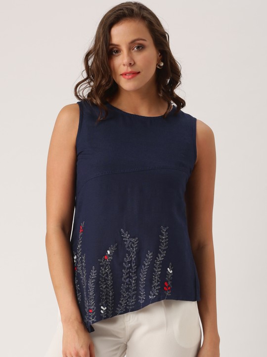 Women Navy Blue Self-Design Top XS