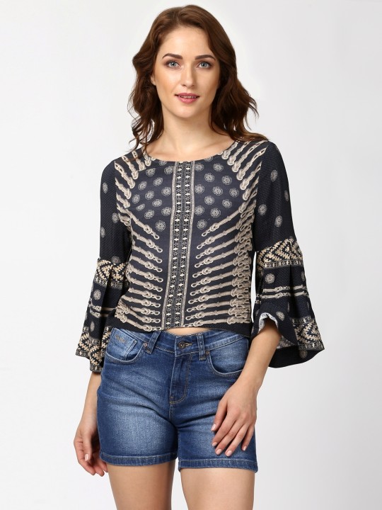 Women Charcoal Grey Printed Styled Back Top S
