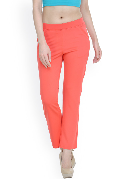 Westwood Women Coral Orange Comfort Slim Fit Solid Regular Trousers