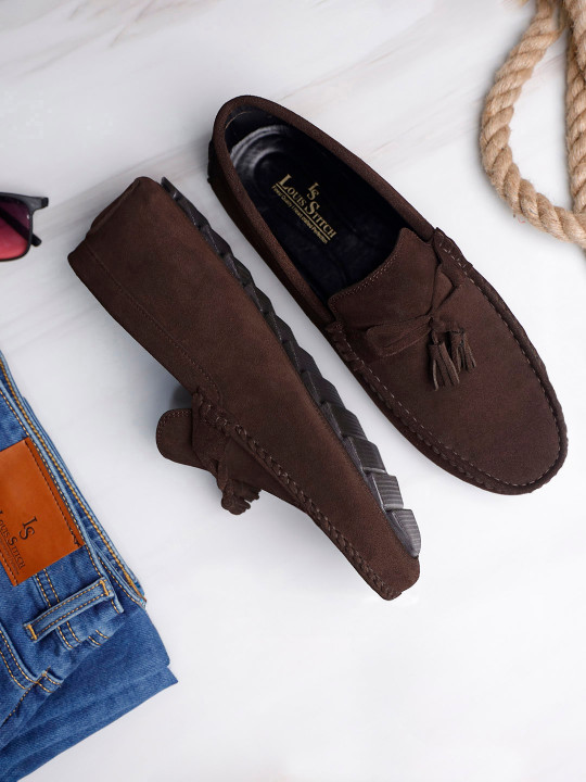 LOUIS STITCH Men Brunette Brown Italian Suede Leather Handmade Driving Tassel Loafers