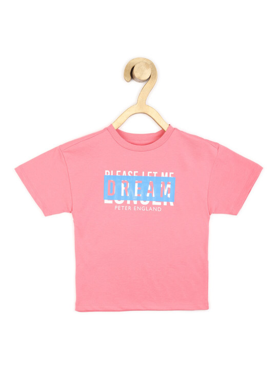 Peter England Girls Pink & Blue Typography Printed T-shirt