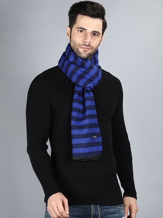 Alvaro Castagnino Men Navy Blue & Black Striped Merino Wool Muffler