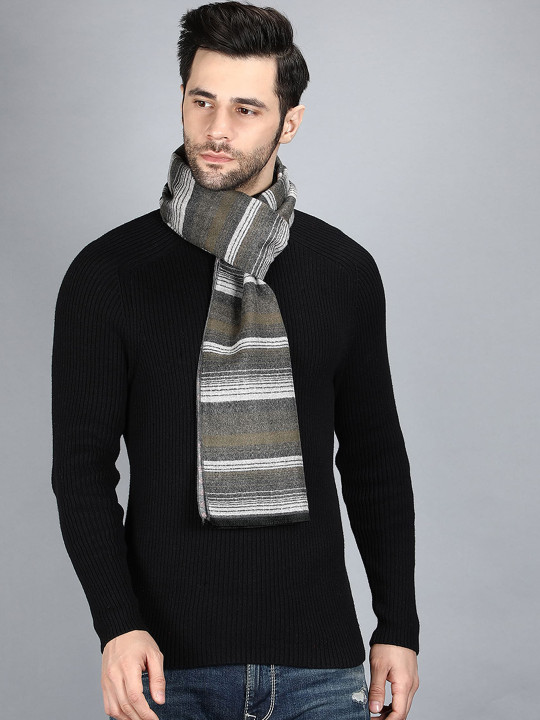 Alvaro Castagnino Men Olive Green & White Striped Merino Wool Muffler