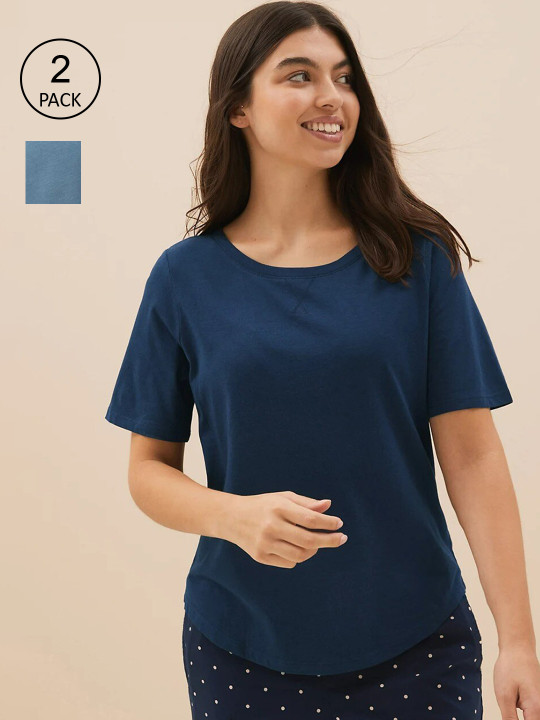 Marks & Spencer Women Pack Of 2 Navy Blue & Blue Solid Cotton Lounge T-Shirts