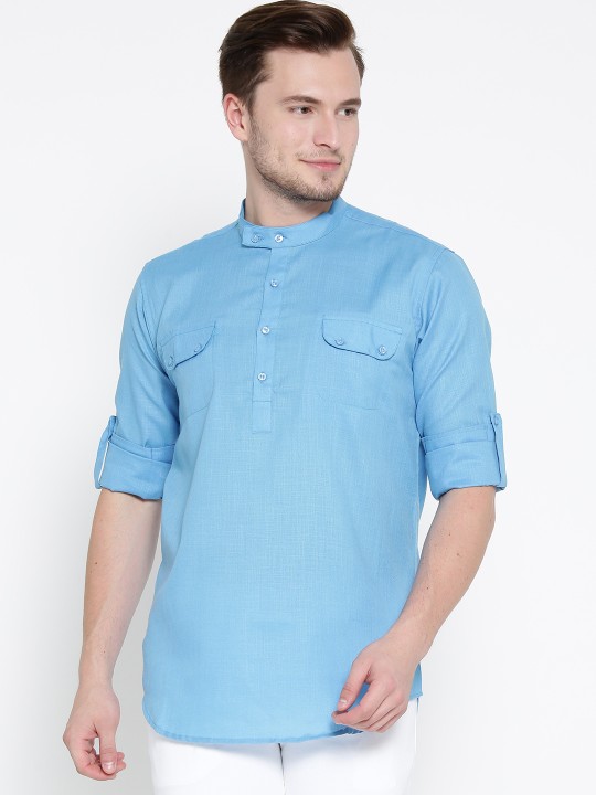 Men Blue Solid Short Straight Kurta S