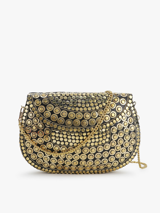 Anekaant Women Gold-Toned Embellished Half Moon Clutch