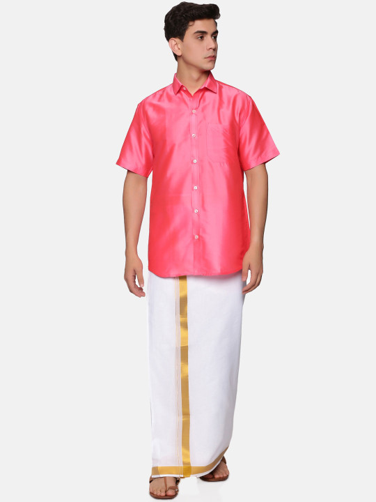 Sethukrishna Men Pink & White Solid Short Sleeves Shirt with Veshti