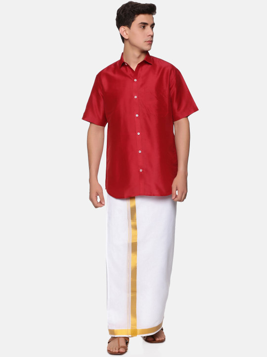 Sethukrishna Men Maroon & White Clothing Set