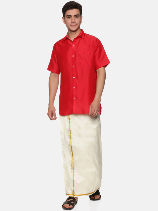 Sethukrishna Men Red & White Shirt With Dhoti Pants
