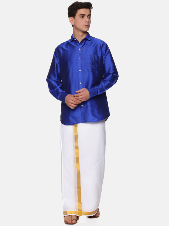 Sethukrishna Men Navy Blue & White Shirt With Dhoti Pants