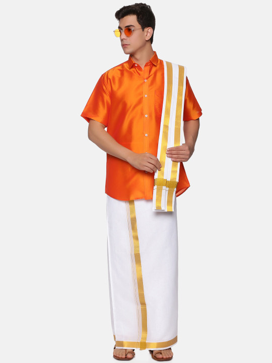 Sethukrishna Men Orange & White Shirt with Dhoti Pants