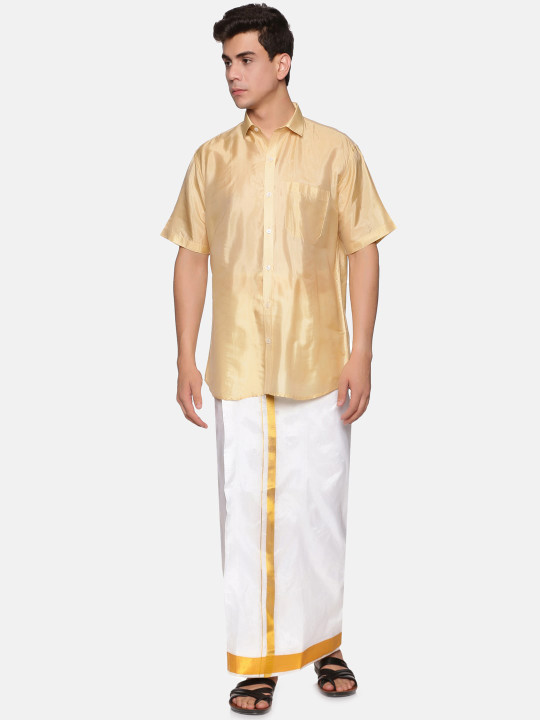 Sethukrishna Men Beige & White Shirt with Dhoti Set