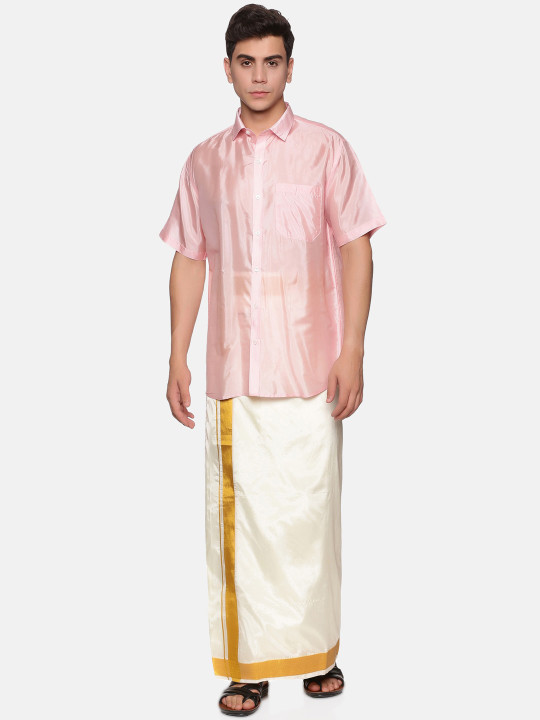 Sethukrishna Men Pink & Off White Shirt with Dhoti Set