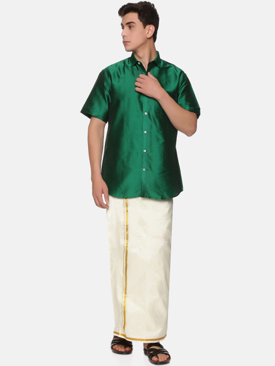 Sethukrishna Men Green & Off White Shirt with Dhoti Set