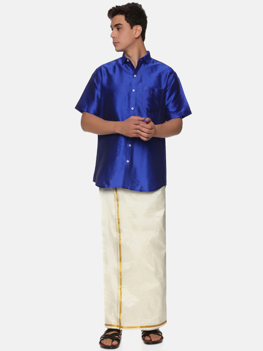 Sethukrishna Men Navy Blue & White Shirt with Dhoti Pants