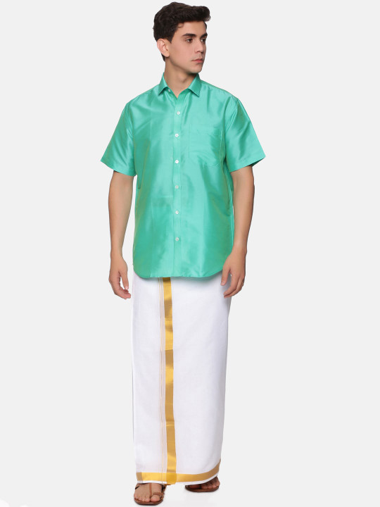 Sethukrishna Men Green & White Shirt with Dhoti Pants