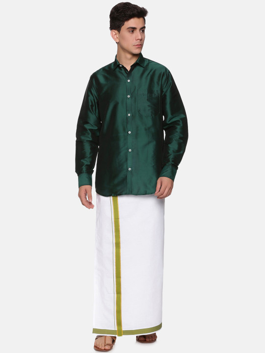 Sethukrishna Men Green & White Shirt with Dhoti Pants