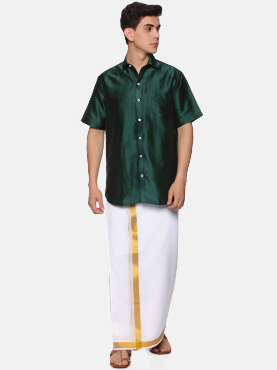Sethukrishna Men Green & White Shirt Pure Cotton Veshti Set