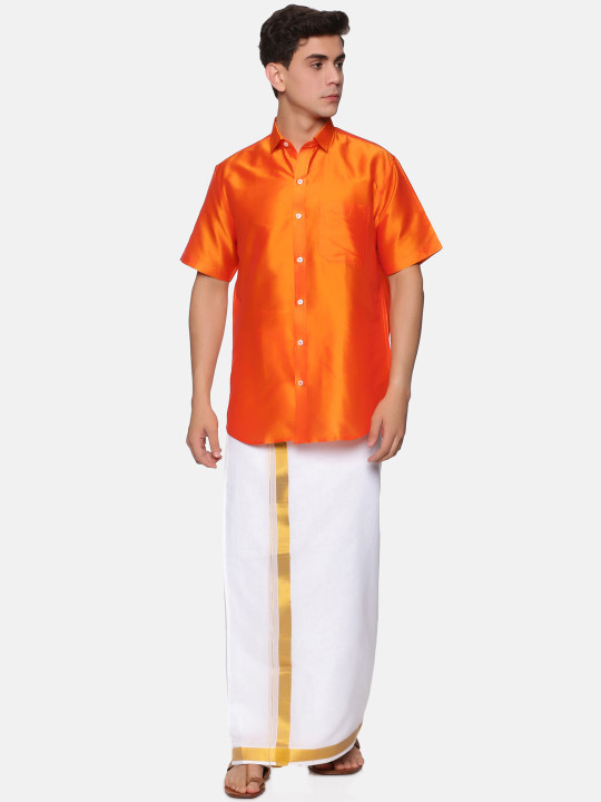 Sethukrishna Men Orange & White Shirt with Veshti