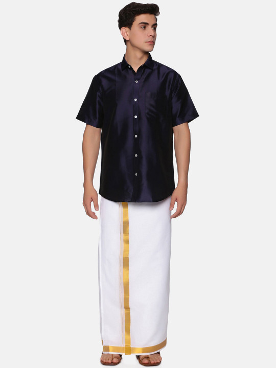 Sethukrishna Men Navy Blue & White Shirt & Veshti Set