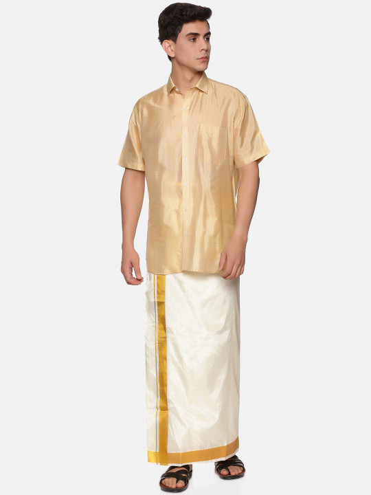 Sethukrishna Men Beige & White Pure Cotton Shirt with Dhoti