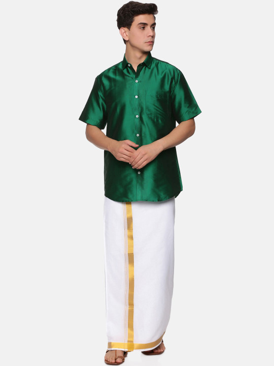 Sethukrishna Men Green & White Pure Cotton Shirt with Dhoti Pants