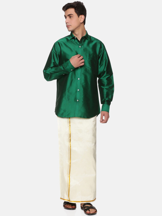 Sethukrishna Men Green & White Pure Cotton Shirt with Dhoti Pants