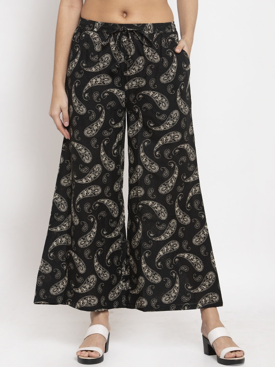 SOUNDARYA Women Black & White Ethnic Motifs Printed Knitted Palazzos