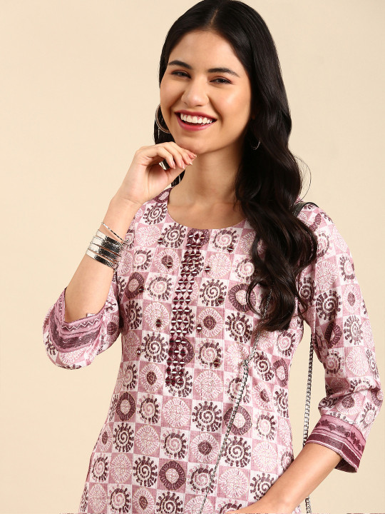 SHOWOFFFF Women Mauve Ethnic Motifs Printed Kurta With Trousers