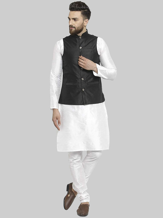 ROYAL KURTA Men White Kurta with Churidar And Nehru Jacket