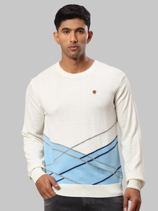 Raymond Men White & Blue Self design Pullover Sweater