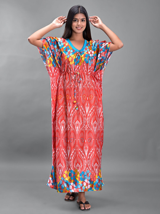 Apratim Women Red Printed Maxi Nightdress