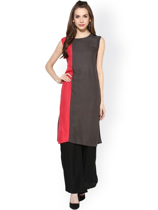 Women Grey & Coral Pink Colourblocked Straight Kurta S