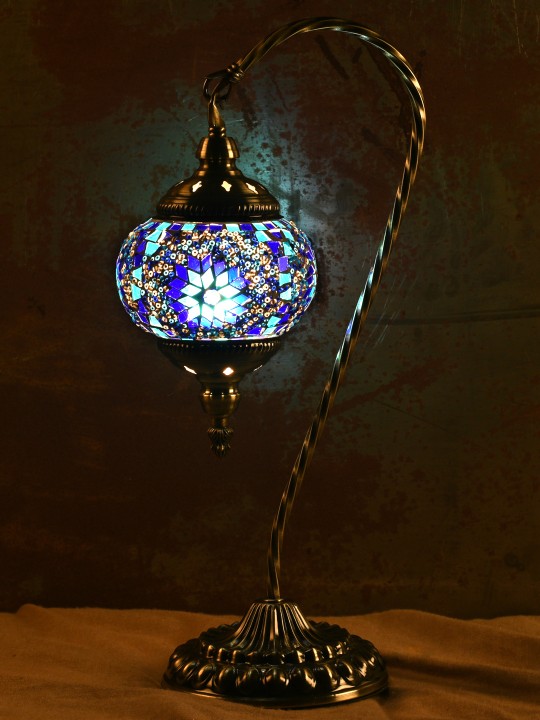 Blue & Antique Gold-Toned Handcrafted Mosaic Table Lamp
