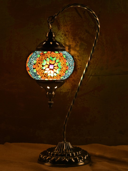Orange & Antique Gold-Toned Handcrafted Mosaic Table Lamp