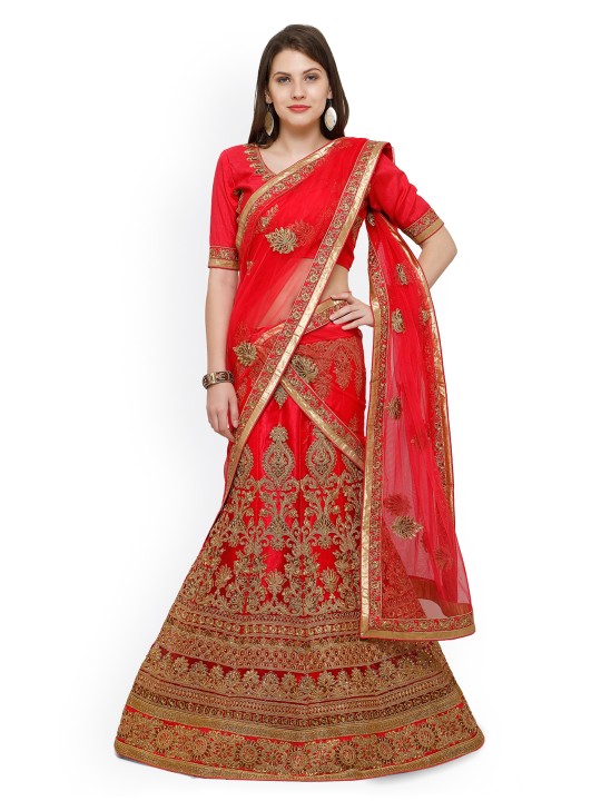 Red Embroidered Net Semi-Stitched A-Line Lehenga Choli with Dupatta