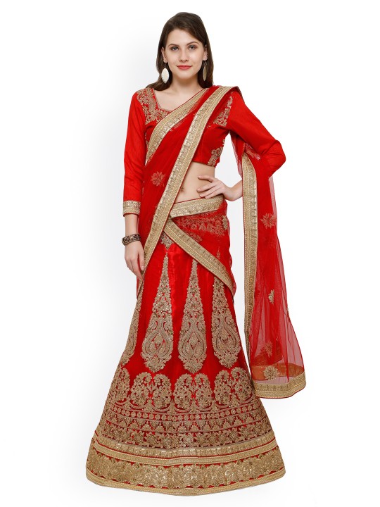 Red Embellished Net Semi-Stitched A-Line Lehenga Choli with Dupatta