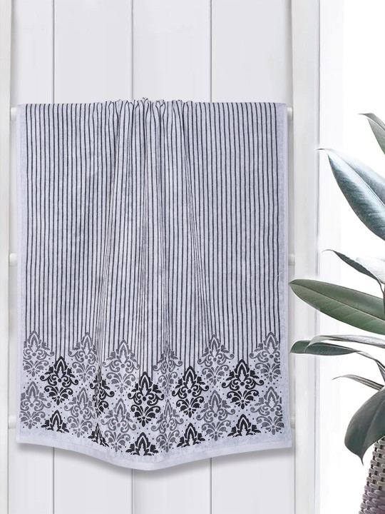 RANGOLI Emperial Grey & Black Set of 2 Printed Pure Cotton Bath Towels