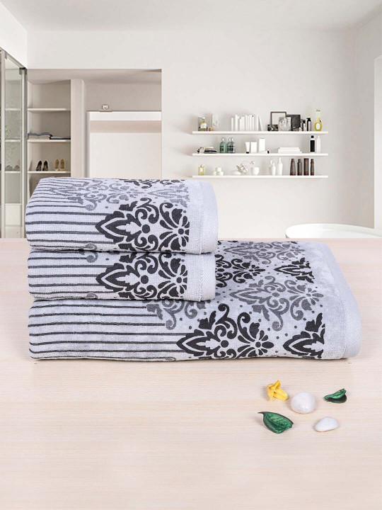 RANGOLI Emperial Grey Set Of 3 Self-Designed Pure Cotton 450 GSM Towel Set